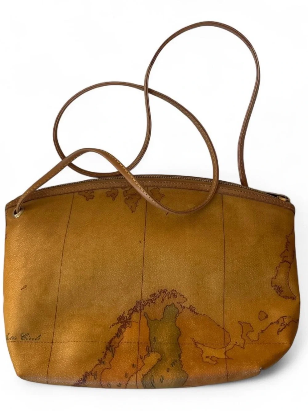 Vintage Alviero Martini Brown Map-Print Leather Crossbody